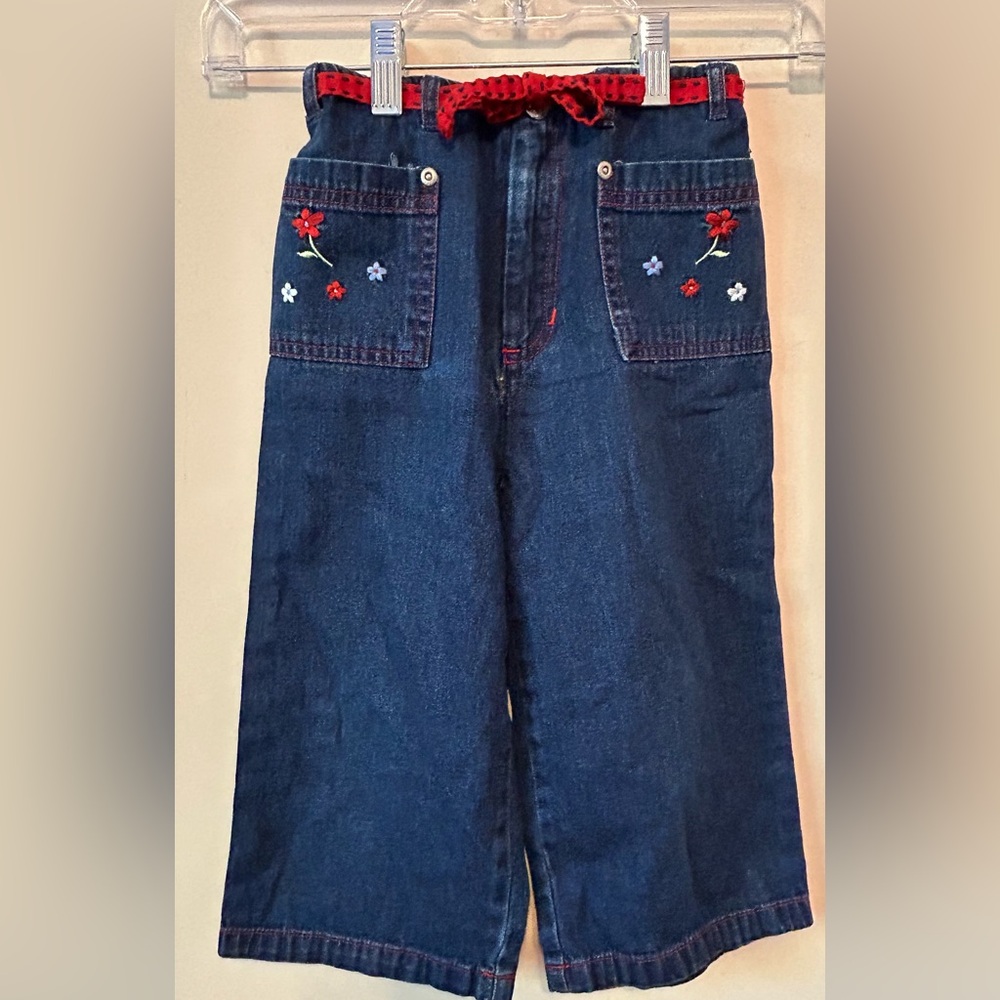 Girls‎ Vintage McKids Denim Jeans Red Belt Embroidered Size 6 Pockets wide leg